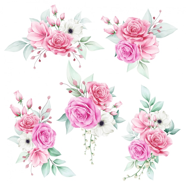 Vector set of romantic watercolor floral bouquet