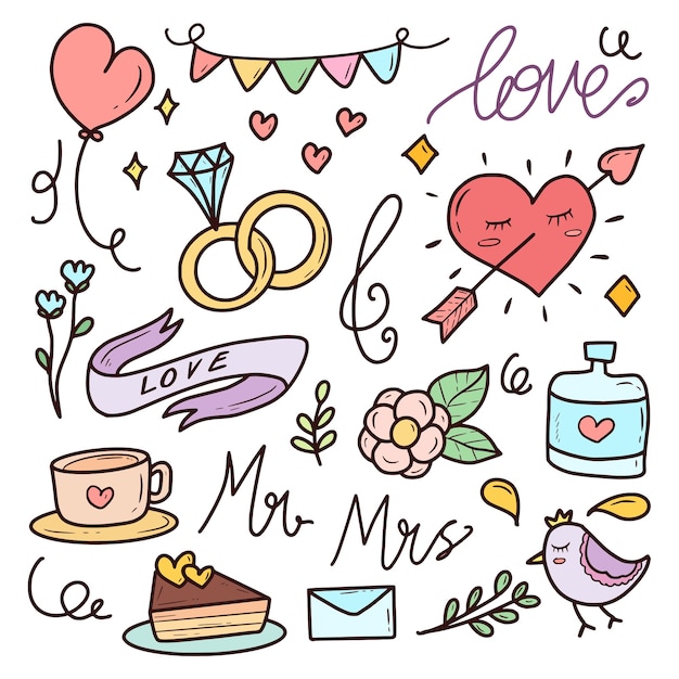 Set of romantic wedding doodles