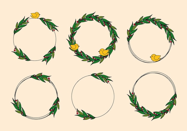 Set ronde frames met bladeren en vogels Ronde frames Kerstkransen