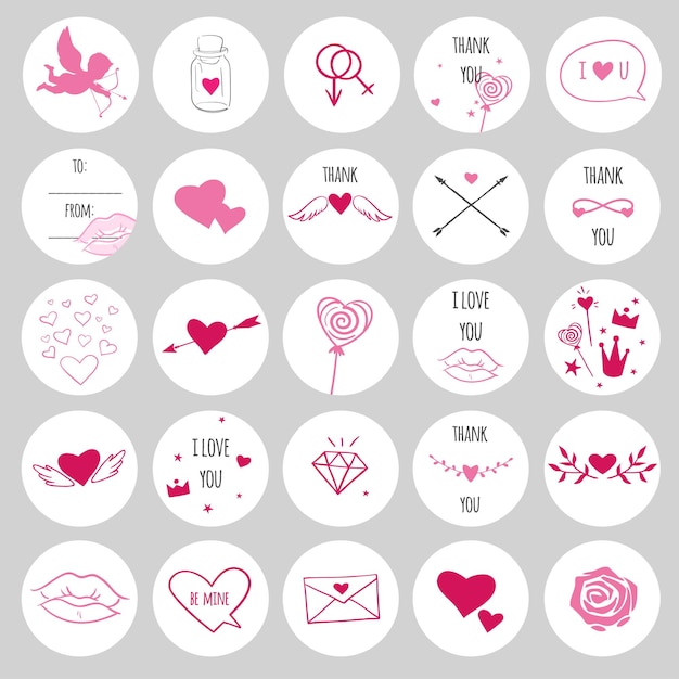 Set ronde stickers voor Valentijnsdag Romantische vectorstickers met harten cupido's houden van symbolen