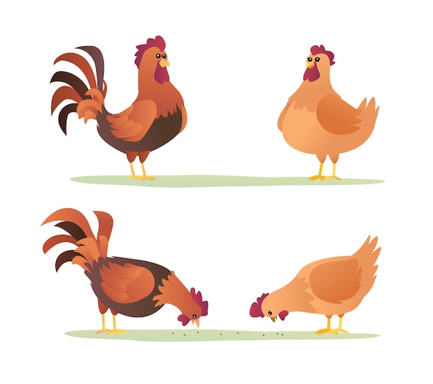 Set of roosters and hens cartoon
