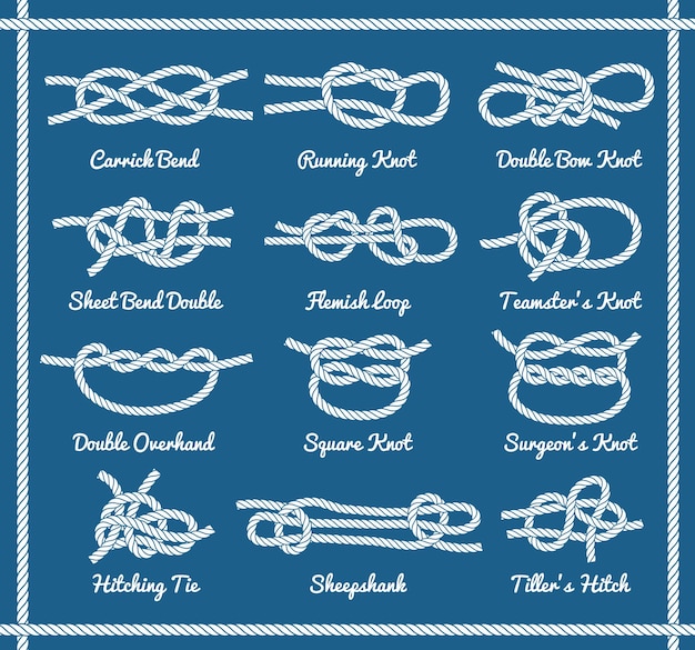 Set of rope knots hitches bows bends