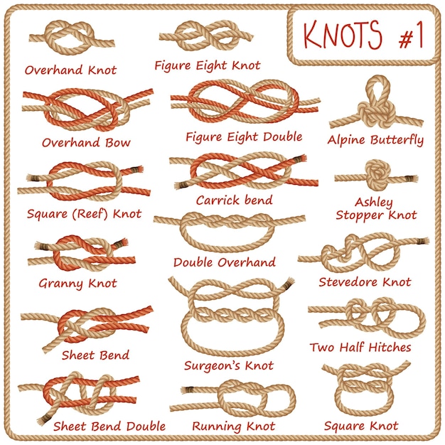 Set of rope knots hitches bows bends