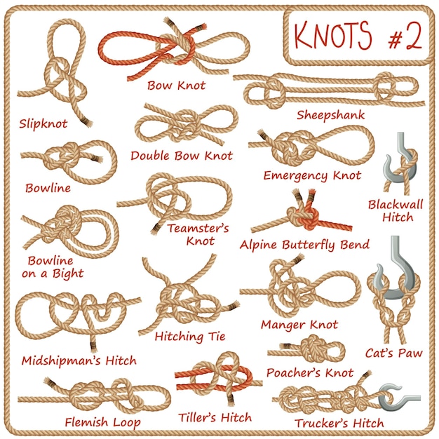 Set of rope knots hitches bows bends