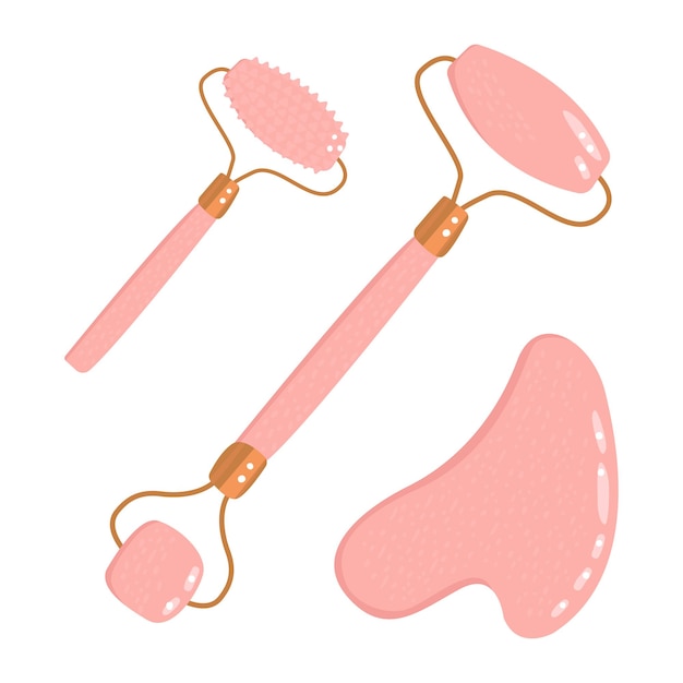Vettore un set di quarzo rosa composto da due massaggiatori a rullo per il viso e gouache. prodotti per la cura della pelle.