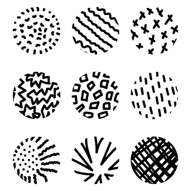 Set of round Abstract black Backgrounds or Patterns Hand drawn doodle shapes Spots drops curves Lines Posters Social media Icons templates