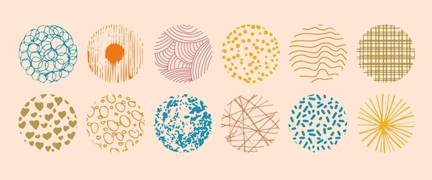set of round abstract colored backgrounds handdrawn doodles