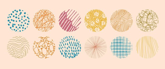 set of round abstract colored backgrounds handdrawn doodles