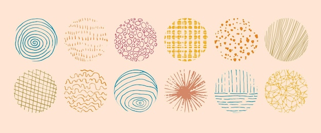 set of round abstract colored backgrounds handdrawn doodles