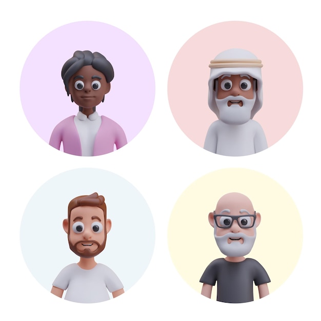 Set of round avatars in cartoon style Characters of different gender age race religion