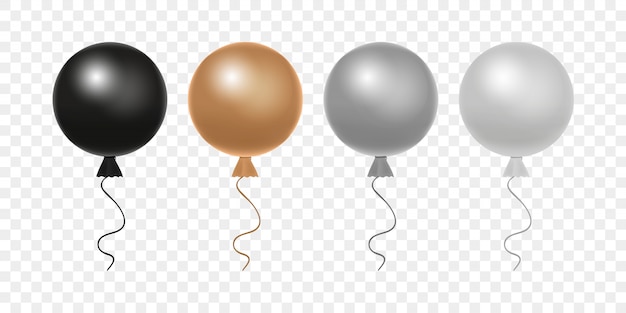 Set di palloncini rotondi. palloncini luminosi realistici - nero, oro, argento e bianco.