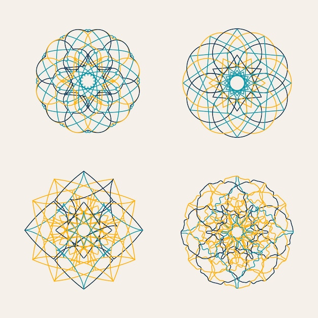 丸い青黄色のマンダラ万華鏡の幾何学的な装飾品サークル デザイン要素のセット