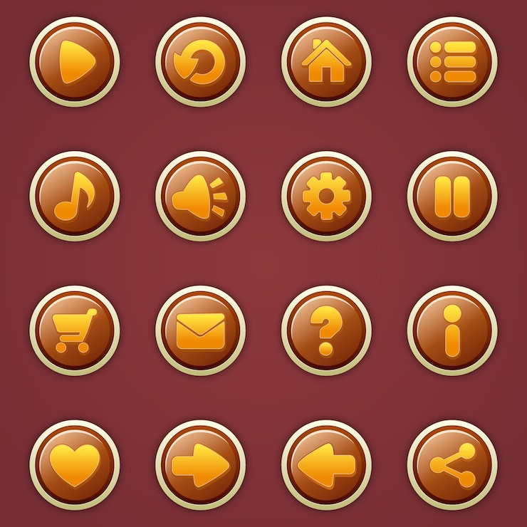 वेक्टर set of round buttons in cartoon style with 3d effect. gui design to build games. game ui button kit.