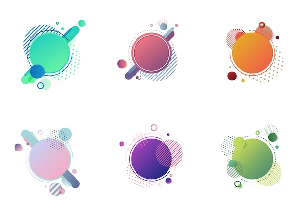 Set di badge rotondi multicolori con elementi geometrici isolati