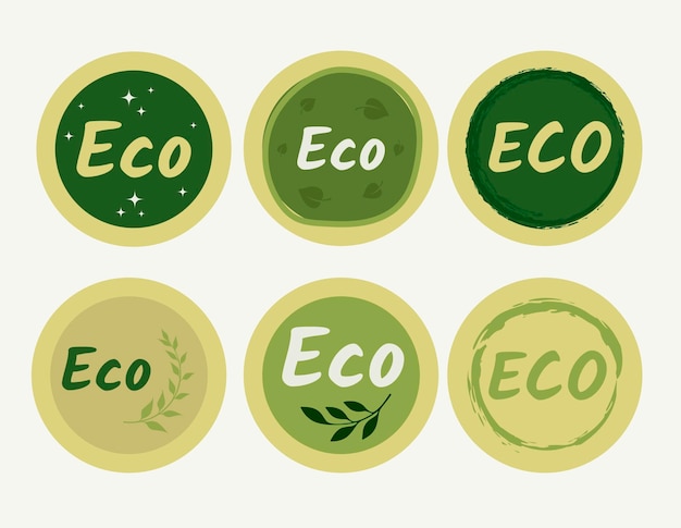 Set of round eco stickers badges icons buttons with leaves in green color