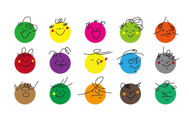 A set of round-face expressions characters with various different emotions. Colorful stylish vector.
