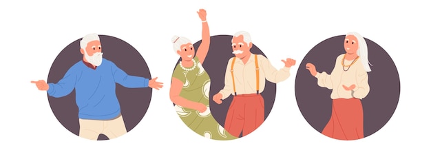 Vector set of round frame icons with happy overjoyed old people character dancing alone or together