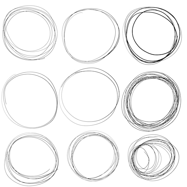 Set di cornici rotonde disegnate a mano isolate su sfondo bianco scarabocchio circolare vettoriale