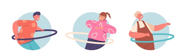 Set of Round Icons Children Characters Exercising with Hula Hoop Rolling on Waist Summertime Recreation Games Fun