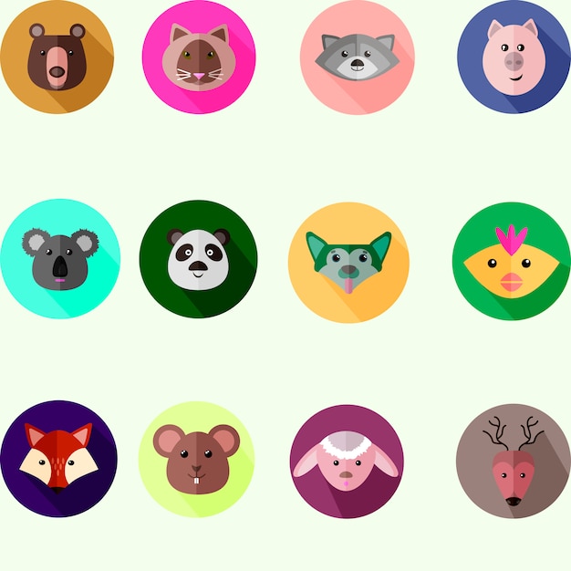 Vector set of round icons with different wild and domestic animals, flat style vector illustration