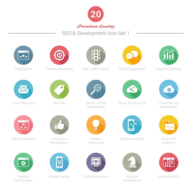 Vector set of round long shadow seo and development icons set 1