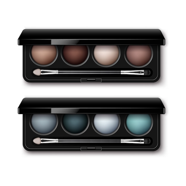 Set of round multicolored pastel light brown cream ocher dark blue azure gray eye shadows in black rectangular plastic case with makeup brush applicator top view isolated .