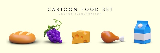 Vector set of round orange loaf brunch of grape chicken pack of milk and slice of cheese