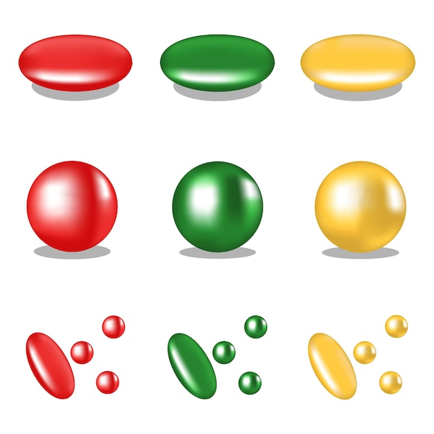 Set of round, oval, capsules bulging tablets in 3D style