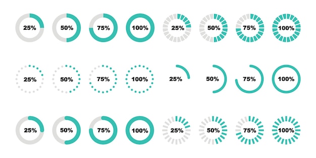 Set of round progress bars on white background. Circle download indicator from 25 to 100 percentage.