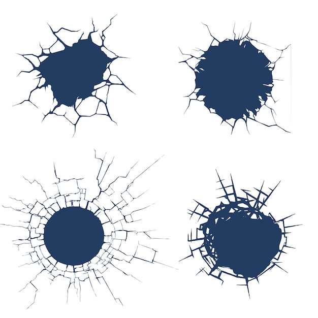 A set of round punched holes in walls with cracks