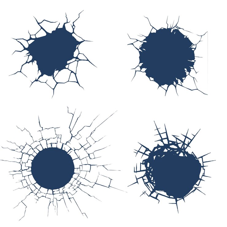 A set of round punched holes in walls with cracks
