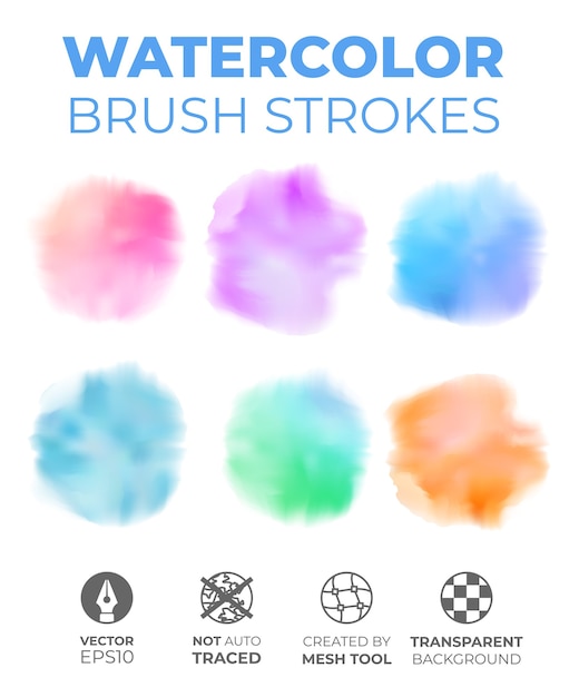 Vector set of round realistic watercolor brush strokes on an isolated transparent background.