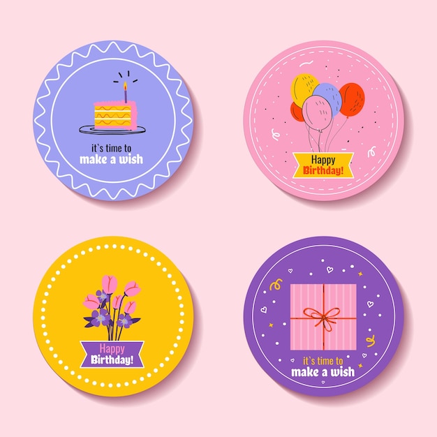 Set of Round Shape Party Tags Cute trendy pink violet color Birthday stickers with piece of cake
