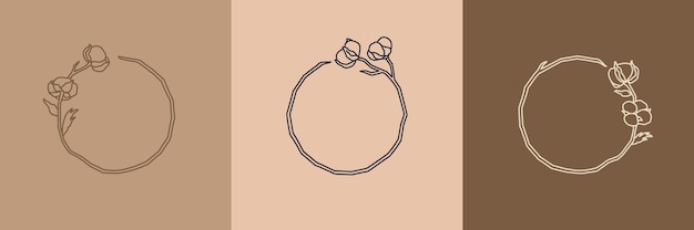 Set of round wreaths with cotton flowers in a minimal linear style. frame with copy space. vector logo of cotton - can be used template for packing cosmetics, organic food, wedding, florist, handmade