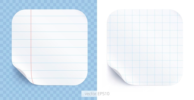  set of rounded stickers with a realistic texture of school notebooks lined and graph paper