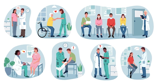set of routine hospital plots collection of images with therapist surgeon male and female nurse treating patient from disease concept of medical help vector illustration