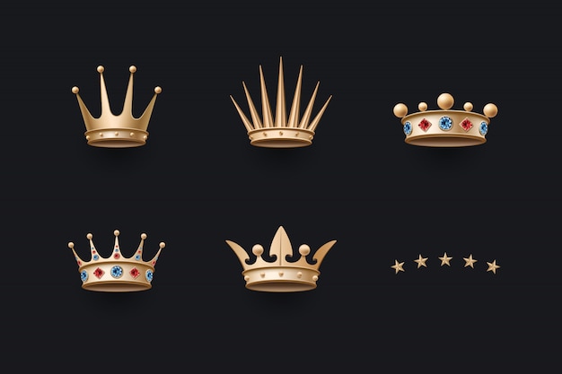 Set of royal gold crown and five stars icons