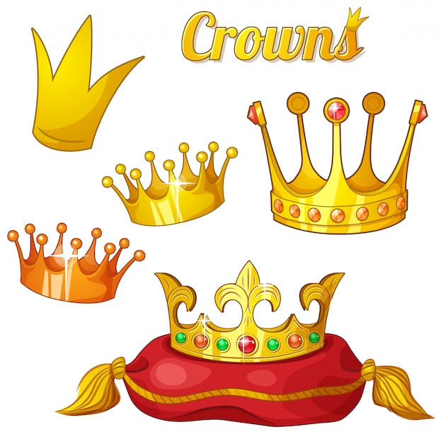 Set of royal gold crowns isolated on white