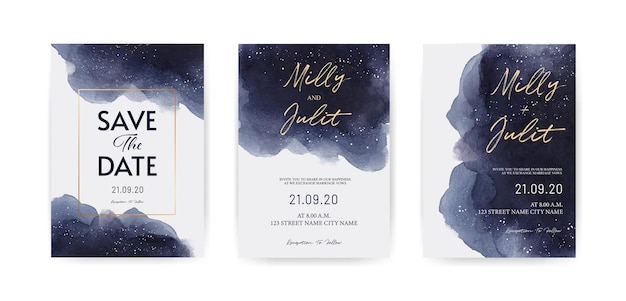 Set of royalblue Watercolor style Wedding cards invitation template Starry night with drops