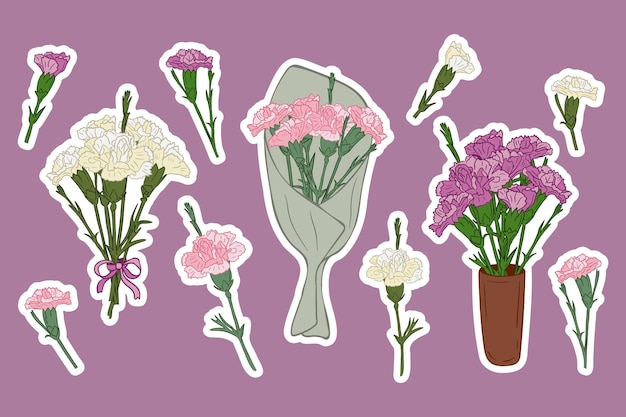 Set roze en paarse anjerflapjesstickers Handgetekende geïsoleerde bloemen en trossen