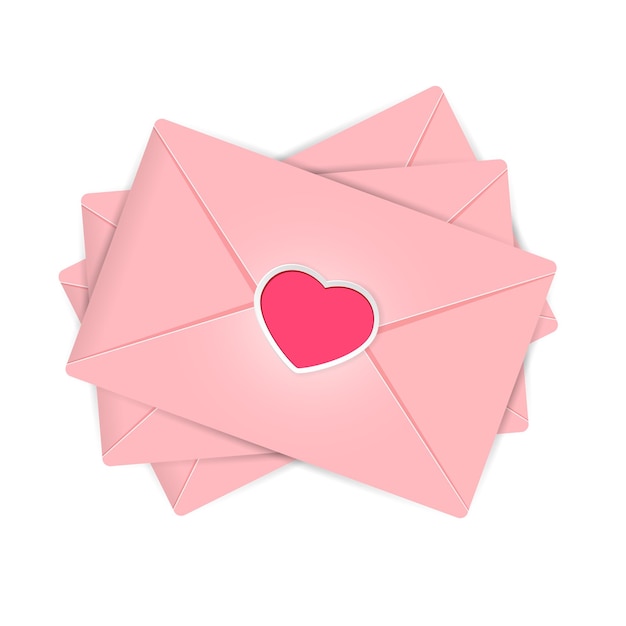 Vector set roze enveloppen met valentines hart, illustratie.