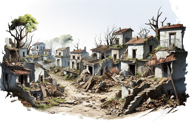 Vector set of ruined houses postapocalyptic buildings isolated on white background 3d rendering