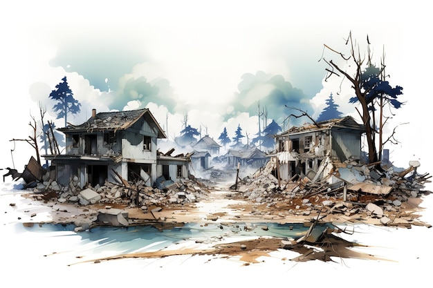 set of ruined houses postapocalyptic buildings isolated on white background 3d rendering