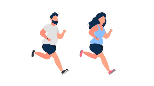 Vector set of running fat people. fat man and woman are running. the concept of weight loss and a healthy lifestyle. isolated. vector