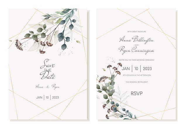 Vettore set di biglietti d'invito per matrimoni rustici con foglie grigioverde acquerello modello vettoriale