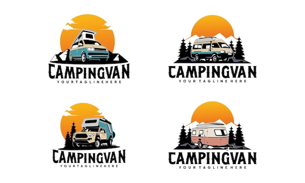 Set of RV camper van classic style logo vector illustration Perfect for RV with Sun and pine forest