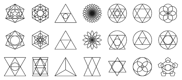 Set of sacred geometry icons in golden gradient