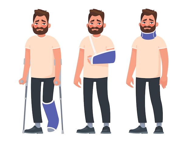 Vector set of sad character man with injuries. fracture or dislocation of the leg, arm, neck damage. person with a gypsum and a fixing collar. broken limbs.