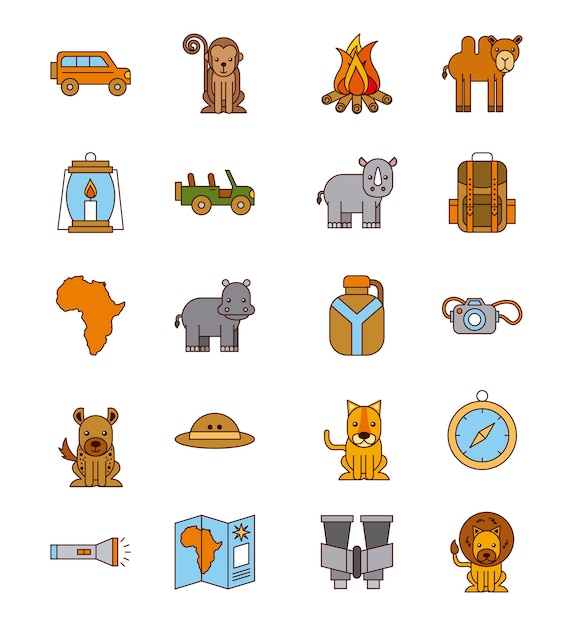 Vector set safari travel vacation equipment icons