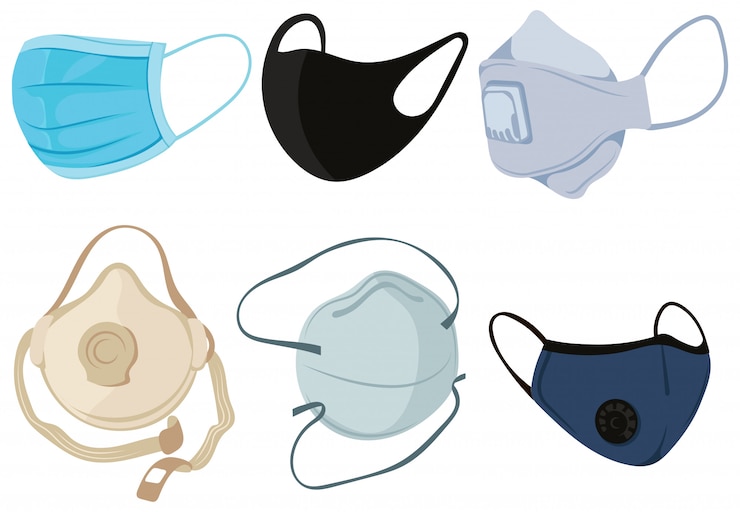 वेक्टर set of safety breathing masks. collection of colored masks to prevent infection.
